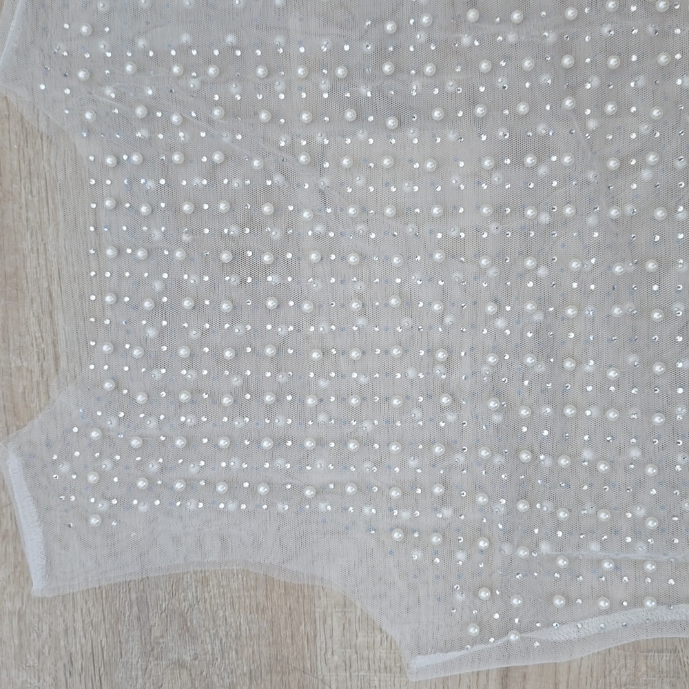 Sheer Mesh White Pearl + Silver Rhinestone Crop Tank Top - Picture 2 of 3